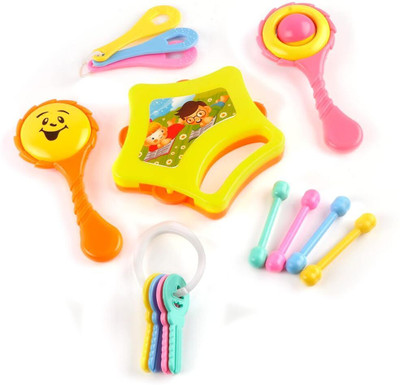 ParshvGroups Baby Rattle Set, (6 Pcs) Set of 1 Temborine, 2 Rattles, 3 Teethers Rattle(Multicolor)