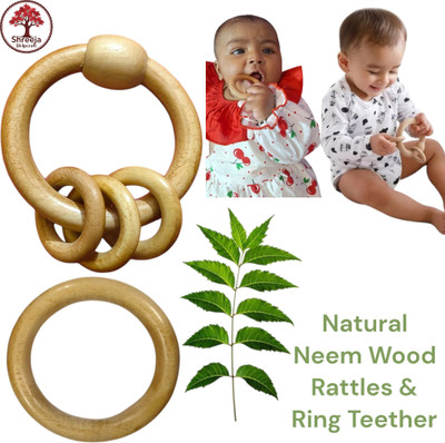 Shreeja Shilpcraft Natural Neem Wood Baby Rattle with Teething Ring – Safe & Durable Rattle(Brown)