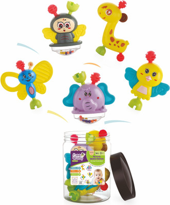 Beebaby My First Beastie Rattles with Storage Jar, Set of 5 toys, BPA Free. Rattle(Multicolor)