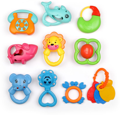 CloudTech Plastic Non Toxic, BPA Free, Set of 3 Rattles And Teethers for Babies Rattle 6 Rattle(Multicolor)