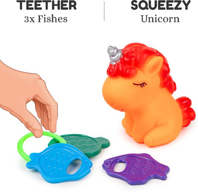 zokato Squeezy Unicorn with Teether - Yellow Rattle(Multicolor)