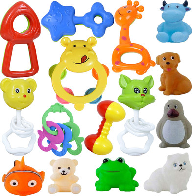 Learn With Fun 15 Pcs Set of Rattles and Animal Shape Toys Rattle Rattle(Multicolor)