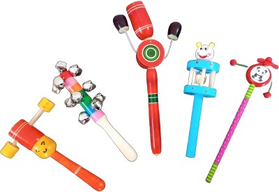 SMR Collections Handmade traditional wooden set of 5 eco-friendly baby rattles for new born baby Rattle(Multicolor)