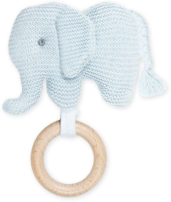 Baby Moo Elephant Wooden Teething Ring Soft Knitted Handheld Rattle Toy Rattle(Blue)