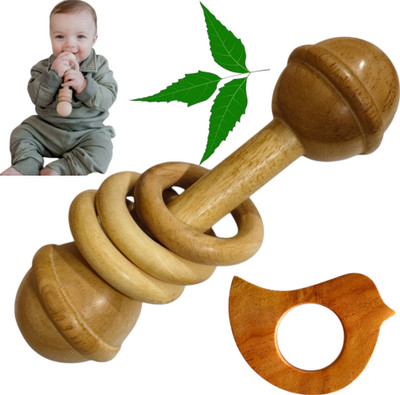 Shreeja Shilpcraft Natural Neem Wood Made Rattle Dumble Shape with 3 Rings and Bird Shape Teether Rattle(Brown)