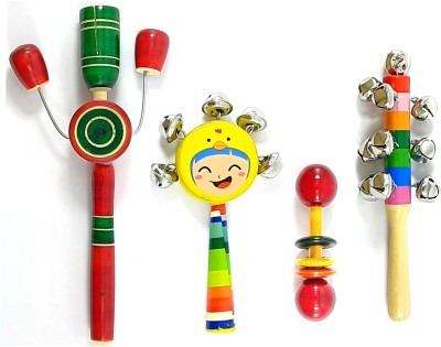 MEOW Creations Wooden Tublar, Five Bell, Dumble, and Ten Bell (Set of 4) Rattle(Multicolor)