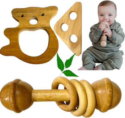 Shreeja Shilpcraft Neem Wood Teether Set & Natural Rattle Duo Rattle(Brown)