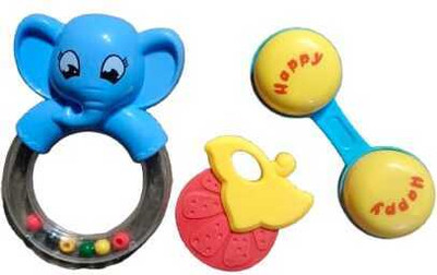 Abdul Sales Colourful Plastic Non Toxic Set of 3 Attractive Rattles and Teather for Baby Rattle(Multicolor)