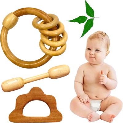 Shreeja Shilpcraft Natural Neem Wood Ring Inside Ring Rattle with Dumbbell and Cloud Shape Teether Rattle(Brown)