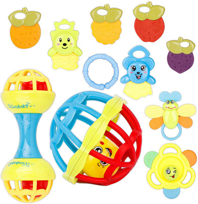 Viradiya's Kid's Non-Toxic, Rattle Teether With Mini Bell Shaker And Handstick, Pack of 11 Rattle(Multicolor)