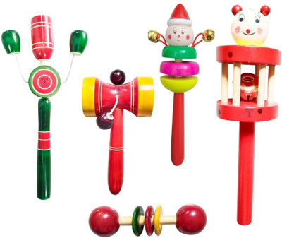 Kishore collection Colourful Wooden Baby Rattle Toy - Hand Crafted Rattle - Musical Toys-Pack of 5 Rattle(Multicolor)