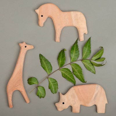 SANMUKH CREATION Wild Safari Neem Wood Teether Set – Giraffe, Rhino & Horse by Rattle(Multicolor)