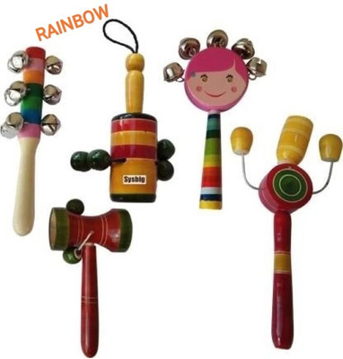 RAINBOW Handmade wood rattles (set of 5)multicolor Rattle(Multicolor)