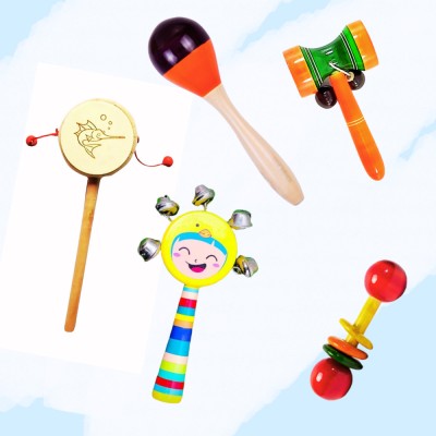 Rainbowstore Eco- Friendly Hand Craft Sound Making Toys For Kids Pack Of 5 Wooden Rattle Rattle(Multicolor)