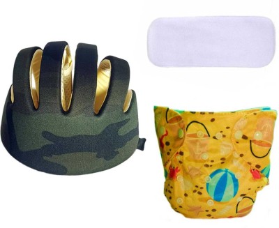 TOKKYOOH FASSION Safety Baby Helmet(Green + Reusable Cloth Diaper + arcoal Inserts - yellow Color + pad)