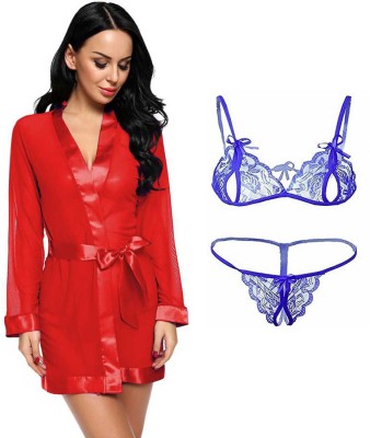 Fashion Count Women Robe and Lingerie Set(Red, Light Blue)