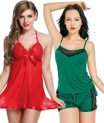 Cup's-In Women Self Design Red, Green Night Suit Set