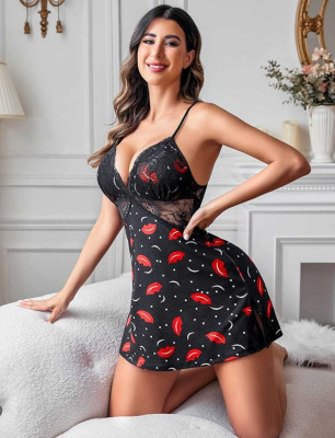 SWAGBELLE Women Nightdress(Black)