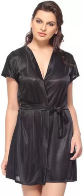 THUMKA Women Robe and Lingerie Set(Black)