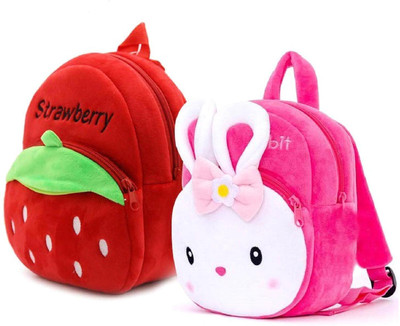 Aveek Kid School Bag Strawberry with Rabbit Cartoon Velvet Soft Plush Bag Nursery to 5 11 L Backpack(Multicolor)