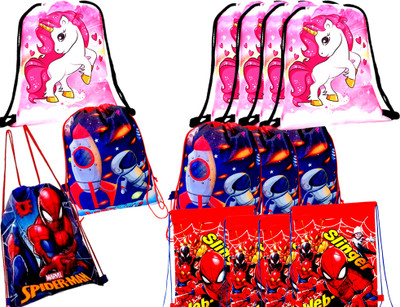 SV Traders 24 Pcs Non-Woven Mix Space,Unicorn,Spiderman Print Drawstring Backpack 5 L Backpack(Multicolor)