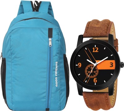 GOOD FRIENDS Water Restant Office Bag/ College/Office/Tuition Bag & Analouge Watch 24 L Backpack(Blue, Brown)