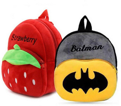 Bluemoon Kid School Bag Strawberry with Batman Cartoon Velvet Soft Plush Bag Nursery to 5 11 L Backpack(Multicolor)