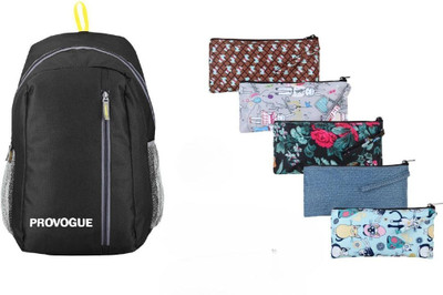PROVOGUE Backpack + Pencil Pouch Combo (1 Backpack + 5 Pencil Pouch) 25 L Backpack(Black, Multicolor)