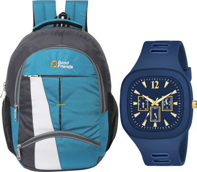 Good Friend Good Friends Resistant School Bag/ College Bag/ Backpack & Square Analog Watch 36 L Laptop Backpack(Blue)