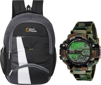 Good Friend 15.6 inch Strong School, College, New Backpack & Digital Sport Watch Green Combo 35 L Laptop Backpack(Black)