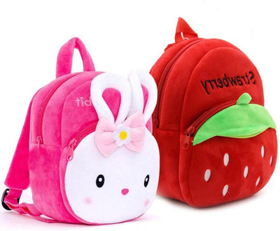 Bluemoon Kid School Bag Strawberry with Rabbit Cartoon Velvet Soft Plush Bag Nursery to 5 11 L Backpack(Multicolor)