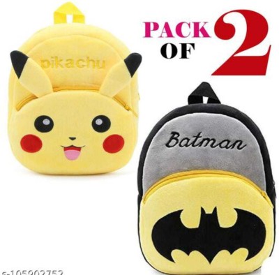 Lizzot Combo Of 2 Pikachu & Batman School Backpack Soft Plush Bags (2-5 Years) 12 L Backpack(Yellow, Black)