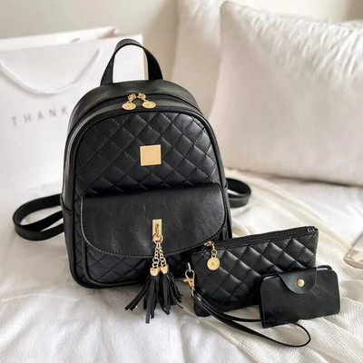 Cleto Elegant Black Quilted Faux Leather Backpack Set for Women – 3-in-1 Combo 20 L Backpack(Black)
