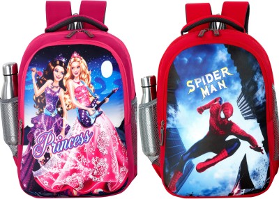 bayo Spiderman & Princess 2pc combo 47cm 1st/2nd/3rd/4th & 5th class for Boys & Girls Waterproof School Bag(Pink, Red, 35 L)