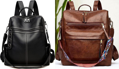 Spinsell Women's Leather Backpack Casual Shoulder Bag for Everyday Use 24 L Backpack(Black, Tan)