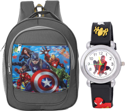 Hench School Bag for kids,Space | Avenger| Unicorn, Waterproof Bag & Spiderman Watch 24 L Backpack(Grey)