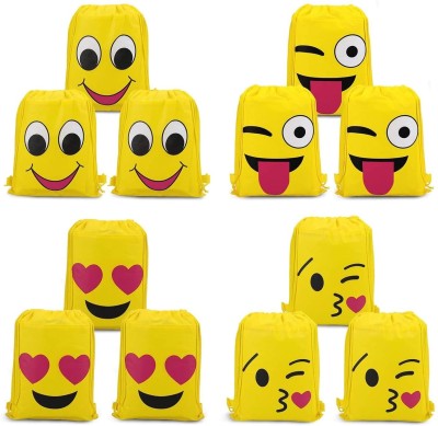 SV Traders 12 Pcs Non-Woven Smile Emojis Theme Sack Bags/Drawstring Bags 5 L Backpack(Yellow)