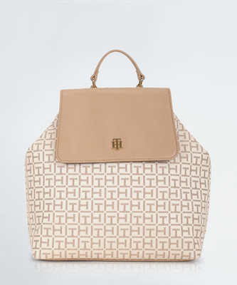 TOMMY HILFIGER ODETTE II-LIGHT STONE/BASKET BROWN-FLAP BACKPACK-SQUARE MONOGRAM JACQUARD 5 L Backpack(Beige)