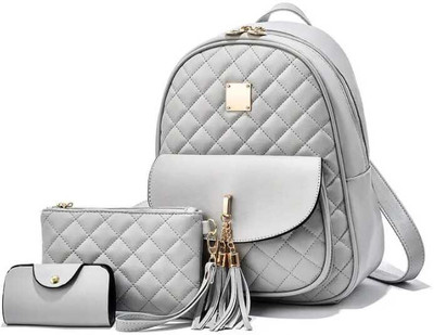 Cleto Elegant Grey Quilted Faux Leather Backpack Set for Women – 3-in-1 Combo 20 L Backpack(Grey)