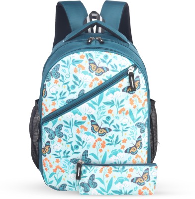 Zainto School bag girls Printed bag with Pouch green and orange Floral Pattern 20 L Backpack(Blue)