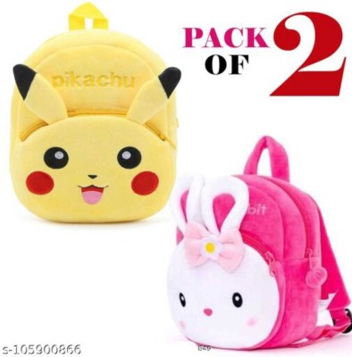 Lizzot Combo Of 2 Pikachu & Konngi Rabbit School Backpack Soft Plush Bags (2-5 Years) 12 L Backpack(Yellow, Pink)