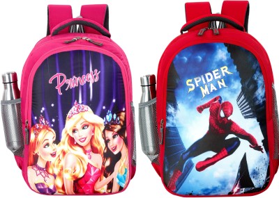 bayo Spiderman & Princess 2pc combo 47cm 1st/2nd/3rd/4th & 5th class for Boys & Girls Waterproof School Bag(Red, Pink, Grey, 35 L)