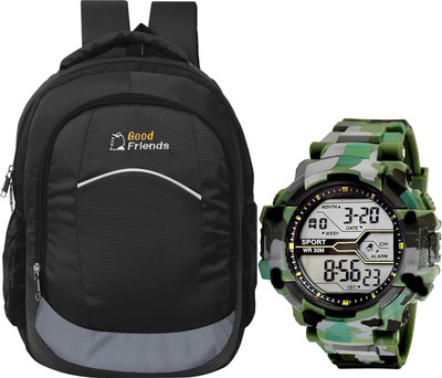 Good Friend Good Friends New Model School Bag/College Bag & Digital Alarm Watch 40 L Laptop Backpack(Black, Green)