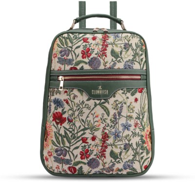 The CLOWNFISH Urban Chic Collection Tapestry Fabric & Vegan Leather Casual Womens Backpack-GR 10 L Backpack(Green)