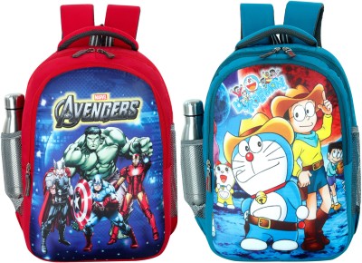 bayo Avangers & Doraemon 2pc combo 47cm 1st/2nd/3rd/4th & 5th class for Boys & Girls Waterproof School Bag(Blue, Multicolor, 35 L)