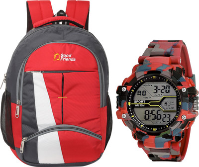 Good Friend Water Resistant Casual Travel Bag/College Bag/School Office Bag & Watch Combo 40 L Laptop Backpack(Red)
