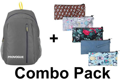 PROVOGUE Backpack + Pencil Pouch Combo (1 Backpack + 5 Pencil Pouch) 25 L Backpack(Grey)