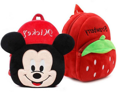 Bluemoon Kid School Bag Strawberry with Mickey Cartoon Velvet Soft Plush Bag Nursery to 5 11 L Backpack(Multicolor)