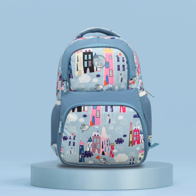 Baby Girl Baby Blue City Building Print Kids Backpack |Waterproof Large School Bag Unisex 35 L Backpack(Blue)