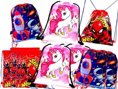 SV Traders Woven Mix Space,Unicorn,Spiderrman Print Drawstring Backpack 4 Each(12 Pieces) 5 L Backpack(Multicolor)